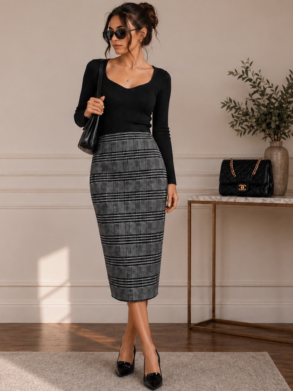 Vintage Plaid Midi Skirt | High Waisted | Timeless Classic | Minimalist Bodycon